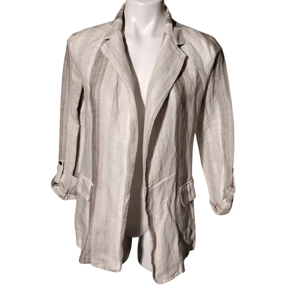 Charlie B Blazer Sz XS Striped Open Front Roll Tab Shirt Blazer‎ Linen Blend NWT